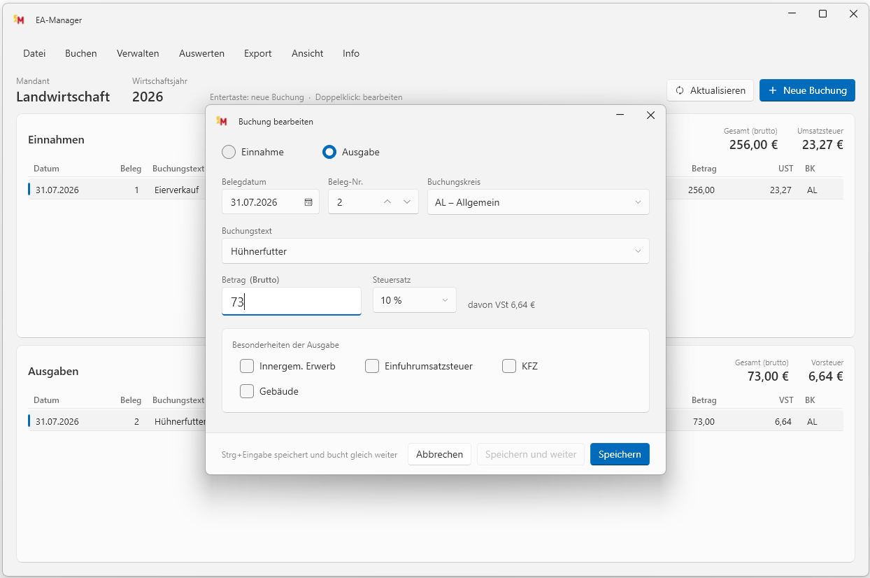 EA-Manager – Belegerfassung für eine neue Buchung